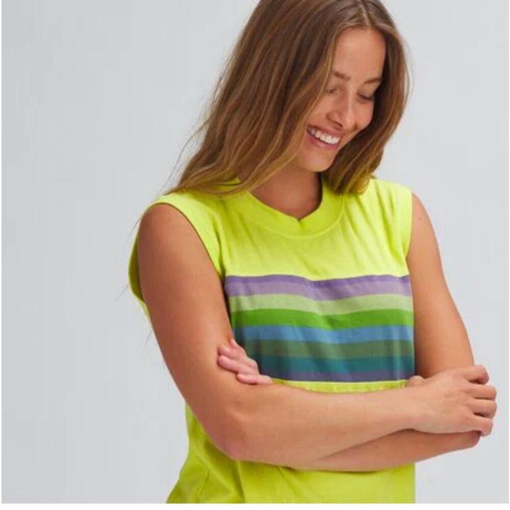 Kavu Neon Yellow Muscle Tee with Multicolor Stripe Chest